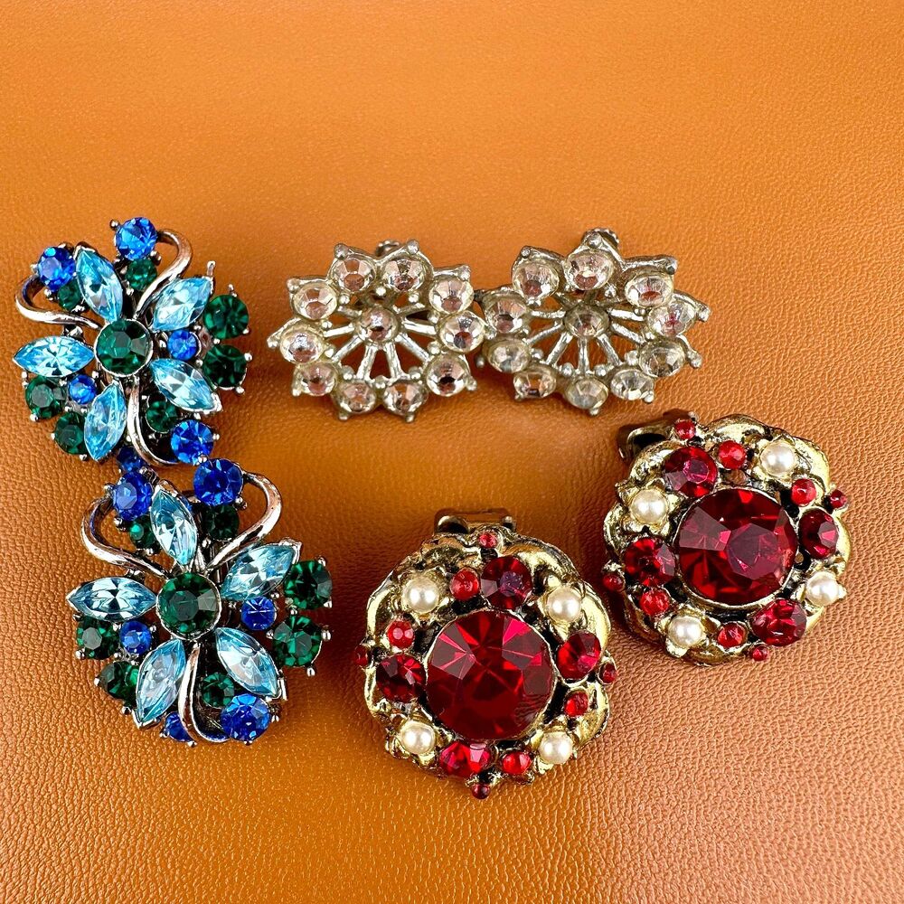 Vintage Rhinestone Earrings Lot Gold Silver Tone 1 Pot Metal Blue Green Red